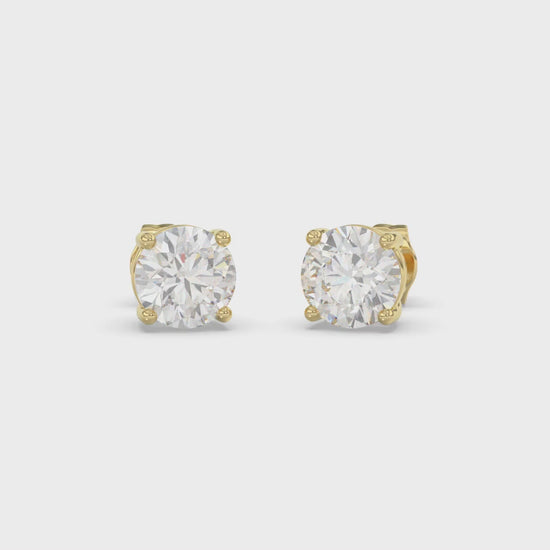4-Prong Basket Round Brilliant Diamond Stud Earrings 3 ct, 10K Yellow Gold, video
