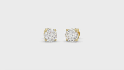 4-Prong Basket Round Brilliant Diamond Stud Earrings 3 ct, 10K Yellow Gold, video