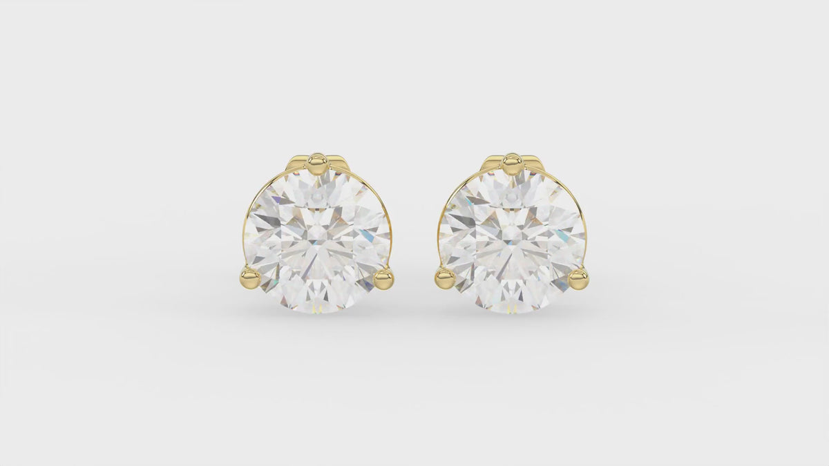 3-Prong Basket Round Brilliant Diamond Stud Earrings 2 ct, 10K Yellow Gold, video