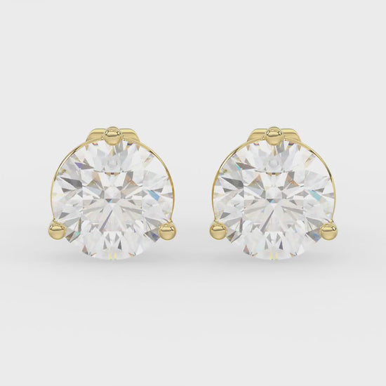 3-Prong Basket Round Brilliant Diamond Stud Earrings 2 ct, 10K Yellow Gold, video