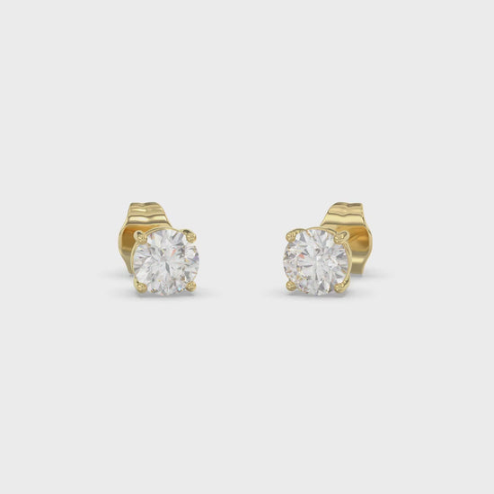4-Prong Basket Round Brilliant Diamond Stud Earrings 1 ct, 10K Yellow Gold, video