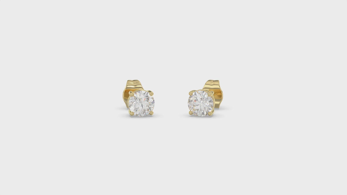 4-Prong Basket Round Brilliant Diamond Stud Earrings 1 ct, 10K Yellow Gold, video