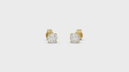4-Prong Basket Round Brilliant Diamond Stud Earrings 1 ct, 10K Yellow Gold, video