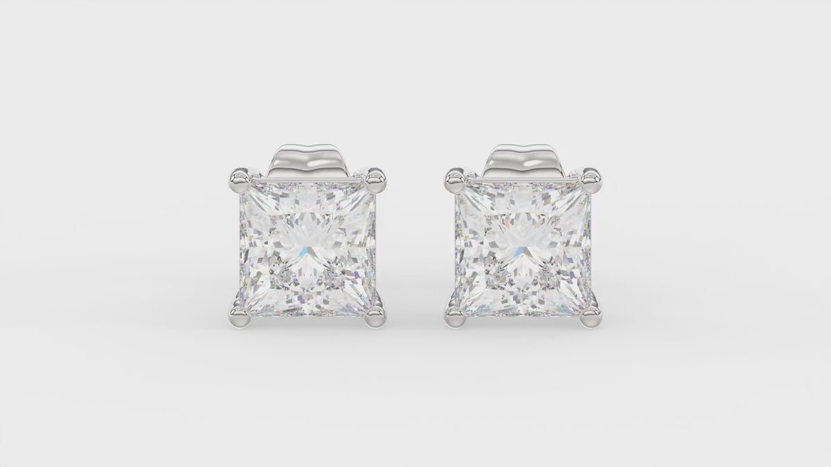 4-Prong Basket Princess Diamond Stud Earrings 2 ct, 10K White Gold, video