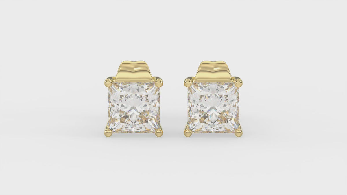 4-Prong Basket Princess Diamond Stud Earrings 1 ct, 10K Yellow Gold, video