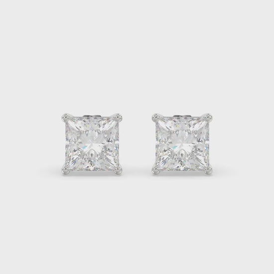 4-Prong Basket Princess Diamond Stud Earrings 2.5 ct, 10K White Gold, video