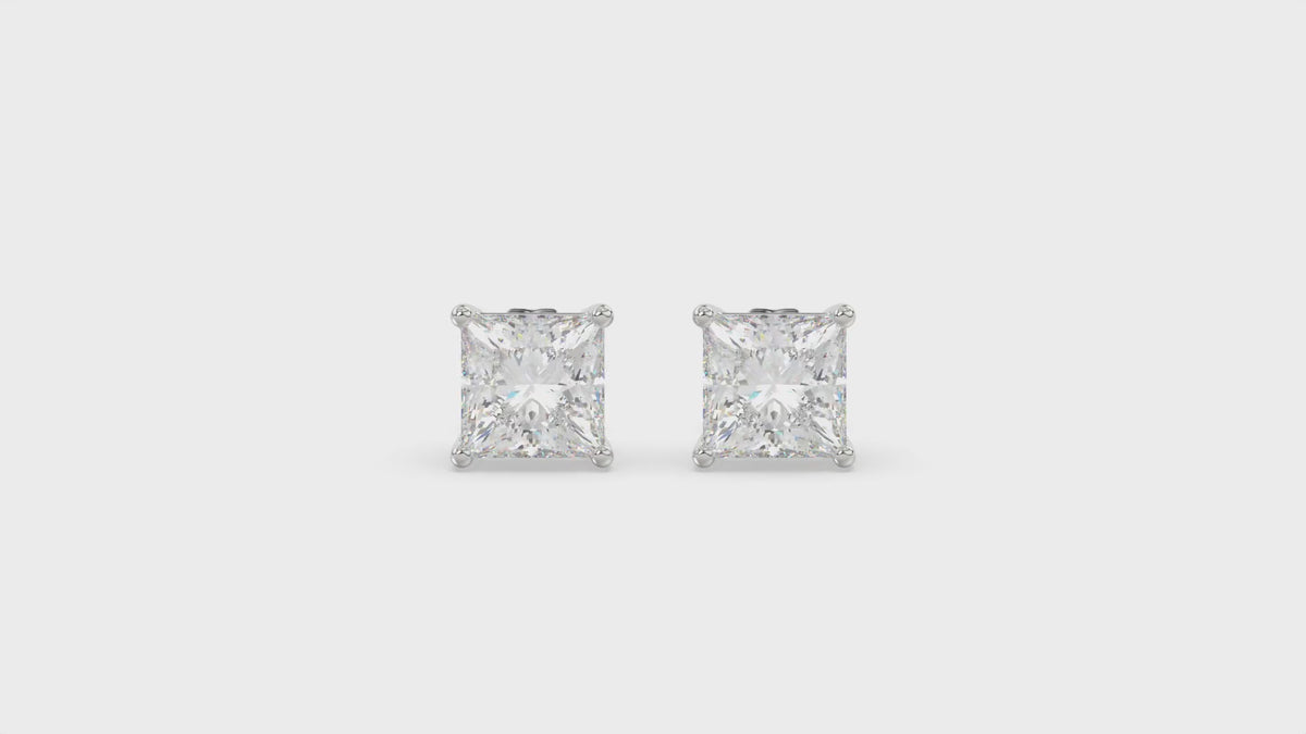 4-Prong Basket Princess Diamond Stud Earrings 2.5 ct, 10K White Gold, video