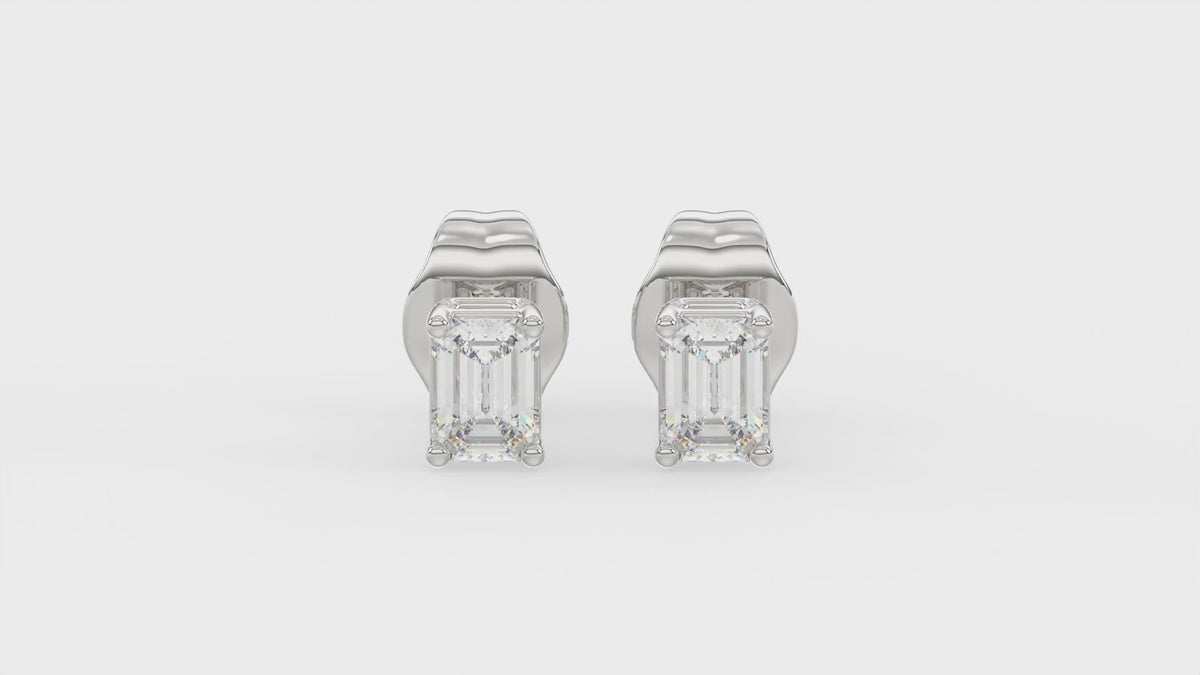 4-Prong Basket Emerald Cut Diamond Stud Earrings 2 ct, 10K White Gold, video