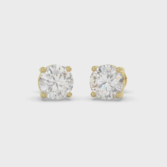 4-Prong Basket Round Brilliant Diamond Stud Earrings 4 ct, 10K Yellow Gold, video