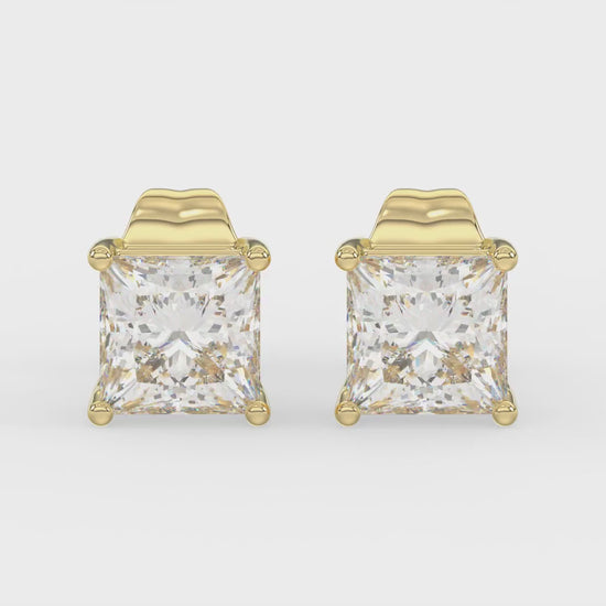 4-Prong Basket Princess Diamond Stud Earrings 1.5 ct, 10K Yellow Gold, video