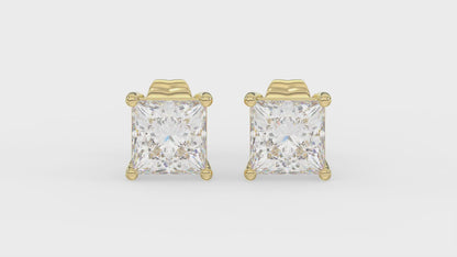 4-Prong Basket Princess Diamond Stud Earrings 2 ct, 10K Yellow Gold, video