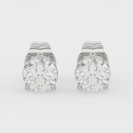 3-Prong Basket Round Brilliant Diamond Stud Earrings 1 ct, 10K White Gold, video