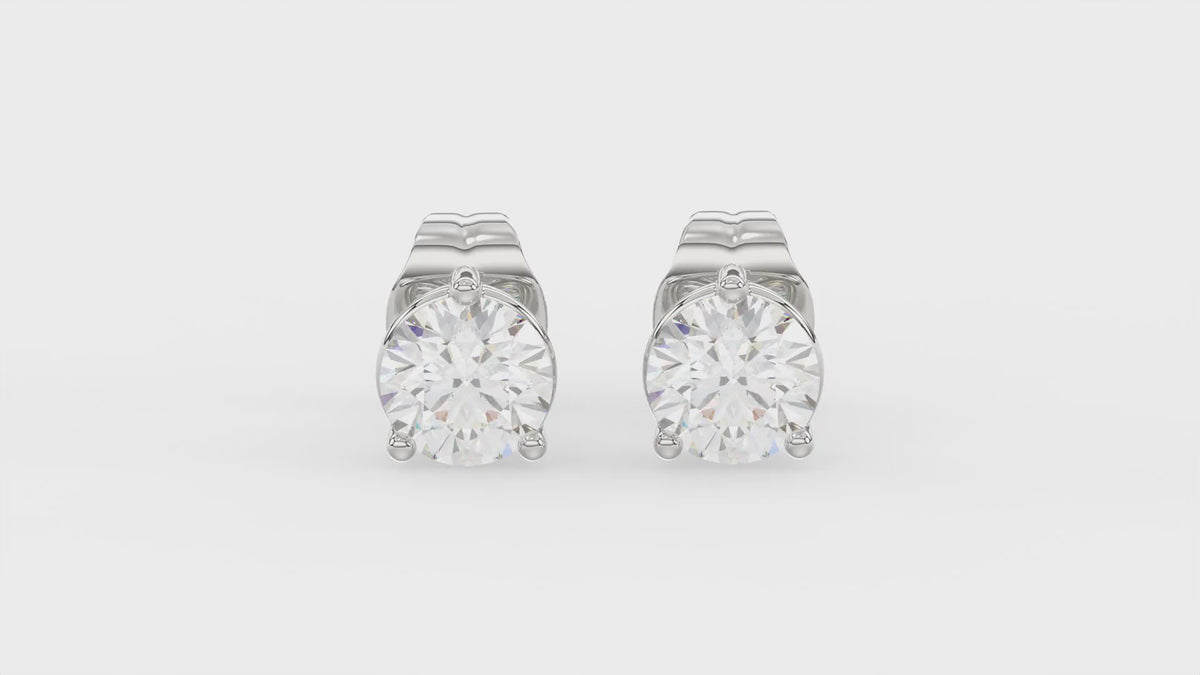 3-Prong Basket Round Brilliant Diamond Stud Earrings 1 ct, 10K White Gold, video