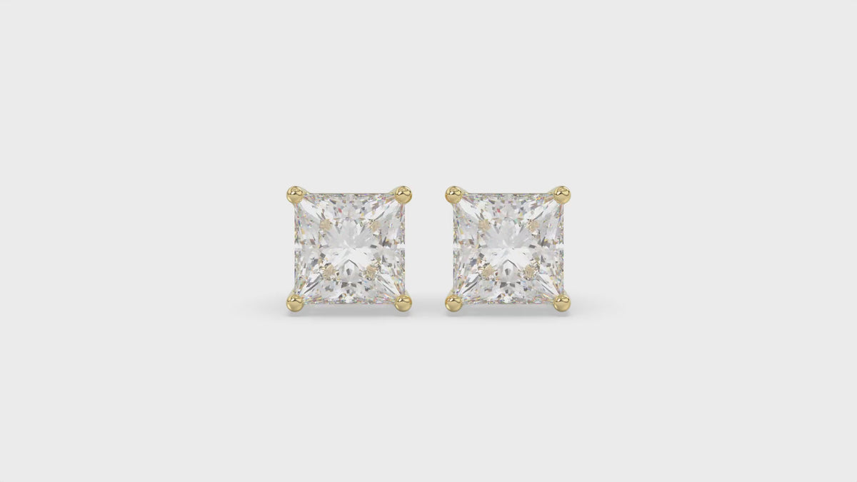 4-Prong Basket Princess Diamond Stud Earrings 4 ct, 10K Yellow Gold, video