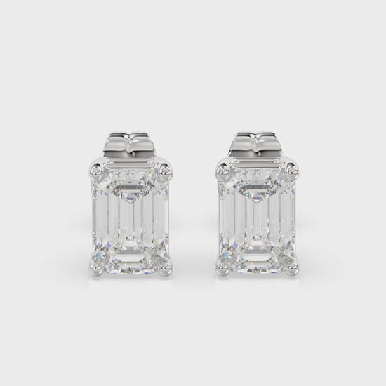 4-Prong Basket Emerald Cut Diamond Stud Earrings 1.5 ct, 10K White Gold, video