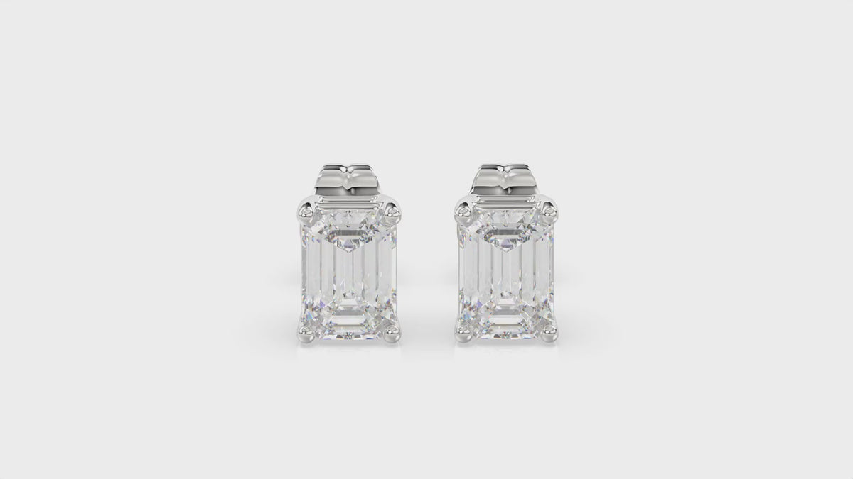 4-Prong Basket Emerald Cut Diamond Stud Earrings 1.5 ct, 10K White Gold, video