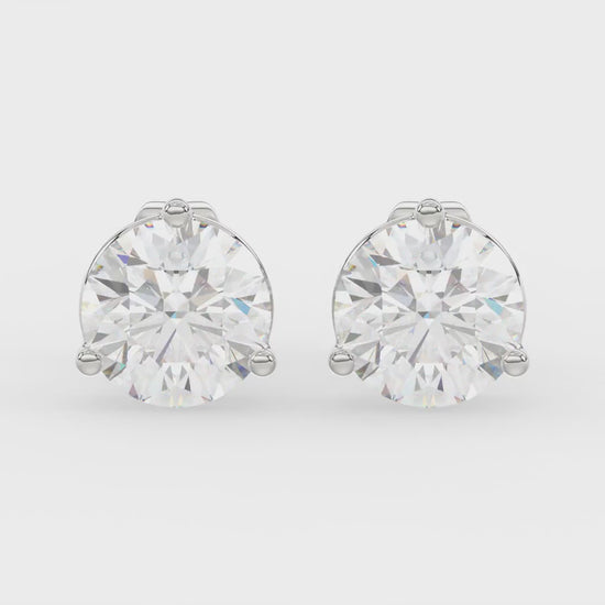 3-Prong Basket Round Brilliant Diamond Stud Earrings 2 ct, 10K White Gold, video