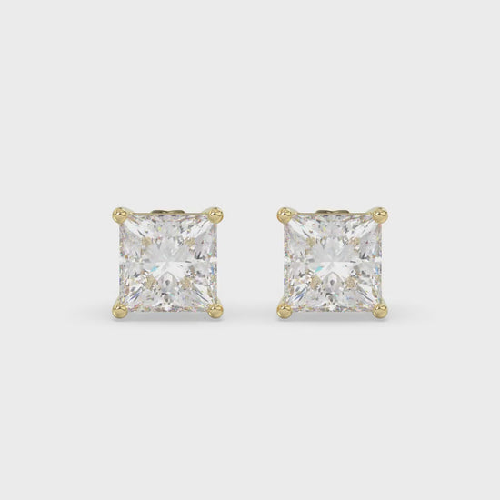 4-Prong Basket Princess Diamond Stud Earrings 2.5 ct, 10K Yellow Gold, video