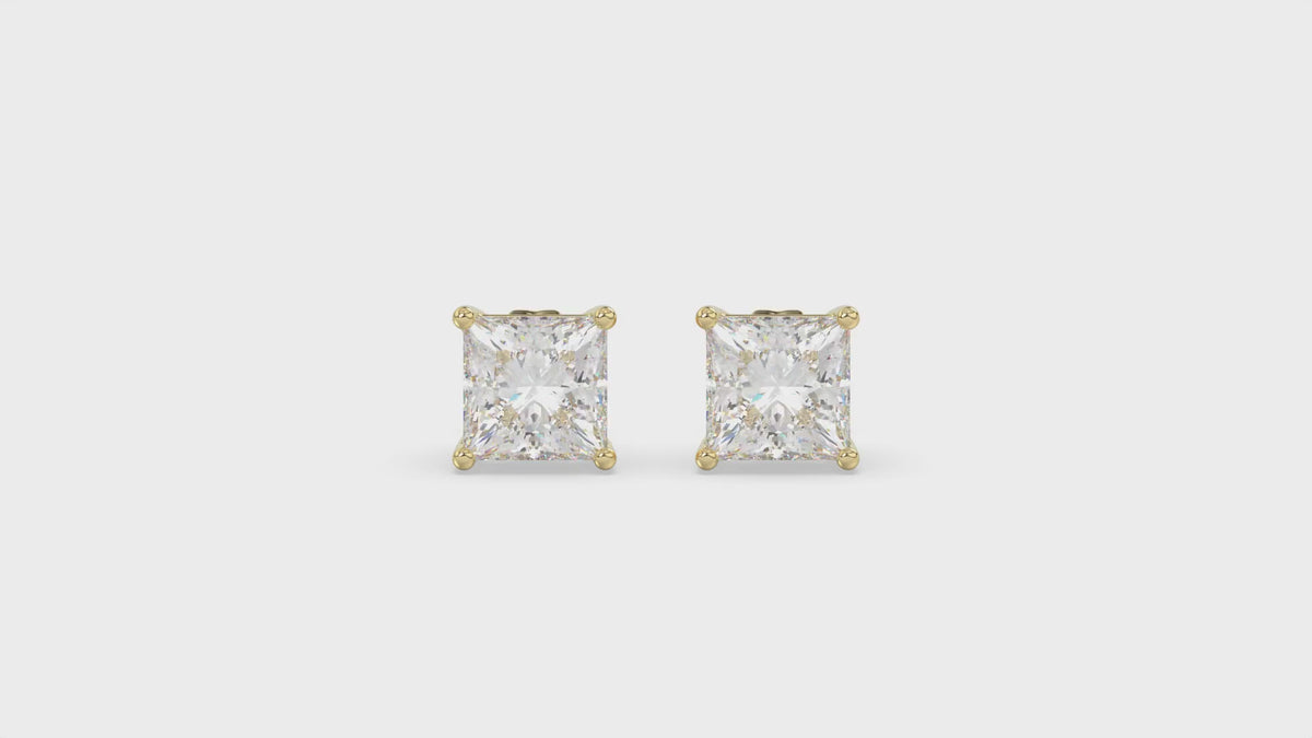 4-Prong Basket Princess Diamond Stud Earrings 2.5 ct, 10K Yellow Gold, video