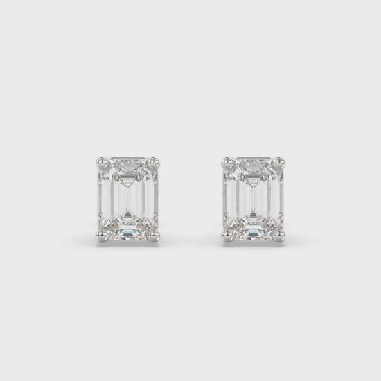 4-Prong Basket Emerald Cut Diamond Stud Earrings 3 ct, 10K White Gold, video