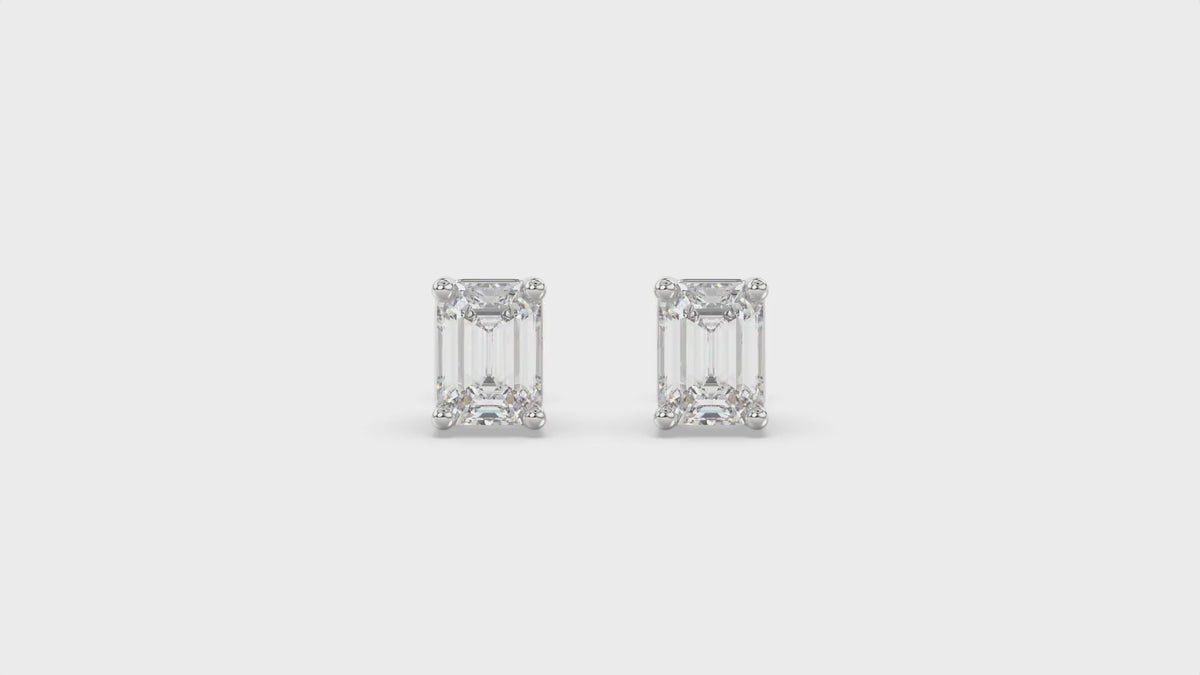 4-Prong Basket Emerald Cut Diamond Stud Earrings 3 ct, 10K White Gold, video