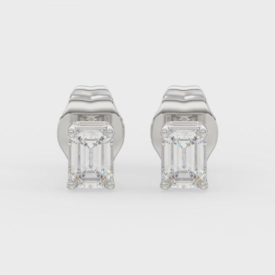 4-Prong Basket Emerald Cut Diamond Stud Earrings 2.5 ct, 10K White Gold, video