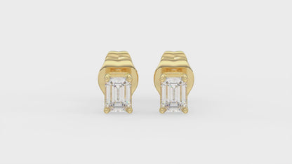 4-Prong Basket Emerald Cut Diamond Stud Earrings 2 ct, 10K Yellow Gold, video