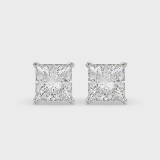 4-Prong Basket Princess Diamond Stud Earrings 4 ct, 10K White Gold, video