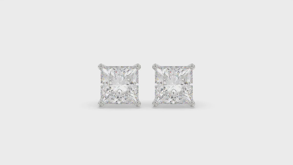 4-Prong Basket Princess Diamond Stud Earrings 4 ct, 10K White Gold, video