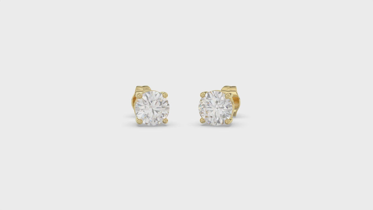 4-Prong Basket Round Brilliant Diamond Stud Earrings 2 ct, 10K Yellow Gold, video
