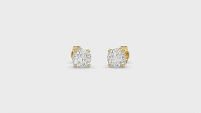 4-Prong Basket Round Brilliant Diamond Stud Earrings 2 ct, 10K Yellow Gold, video