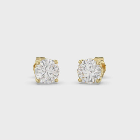 4-Prong Basket Round Brilliant Diamond Stud Earrings 2.5 ct, 10K Yellow Gold, video